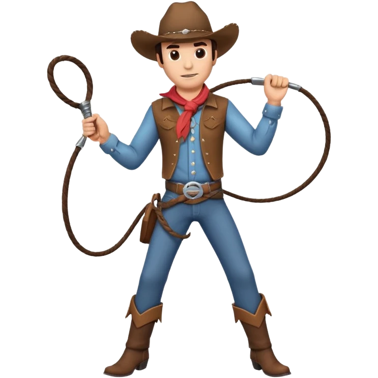 cowboy man holding a whip, dynamic pose, western outfit, adventure vibe, 3D cartoon, mobile game icon style, clean background, no text, no watermark
 emoji