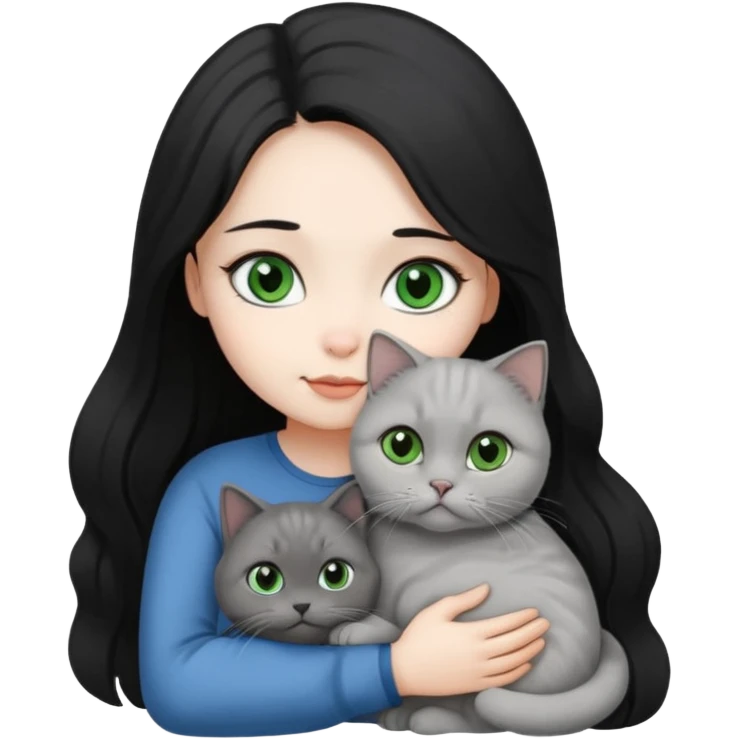 Black long hair, white skin, black eyes, pretty girl is hugging a gray Scottish fold green-eyed cat white blue-eyed cat

 emoji
