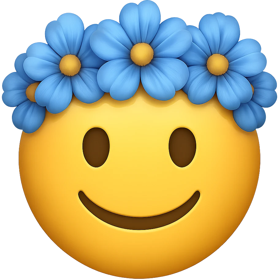 yellow face with blue flower crown emoji, digital illustration, remove background emoji