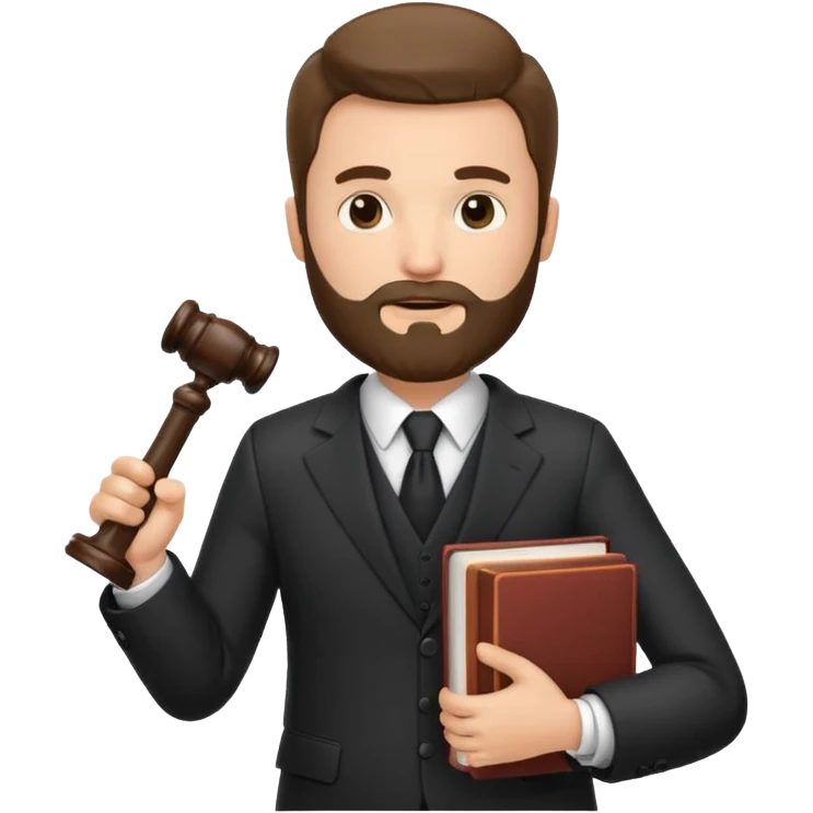 Create a male lawyer. he is wearing a fromal suit jckeret. He is holding a gavel in one hand and a book tucked under his another arm. He has beard  emoji