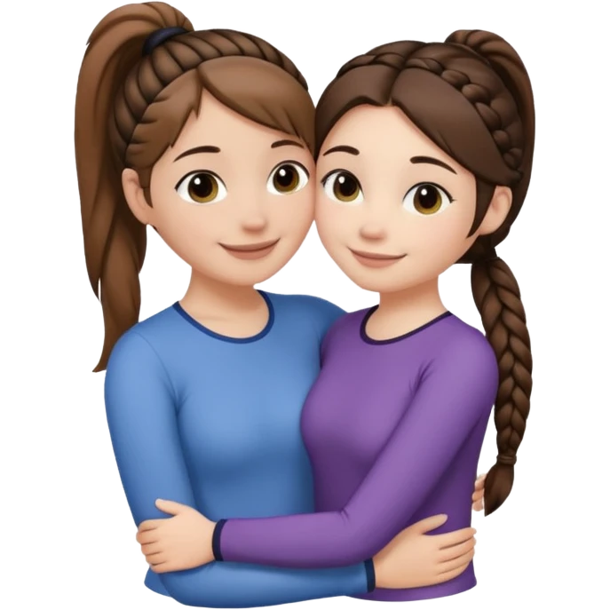 Comforting Hug two white skin women, one shorter woman with medium brown simple top ponytail, not braided, and one taller woman with a single long black side braid emoji