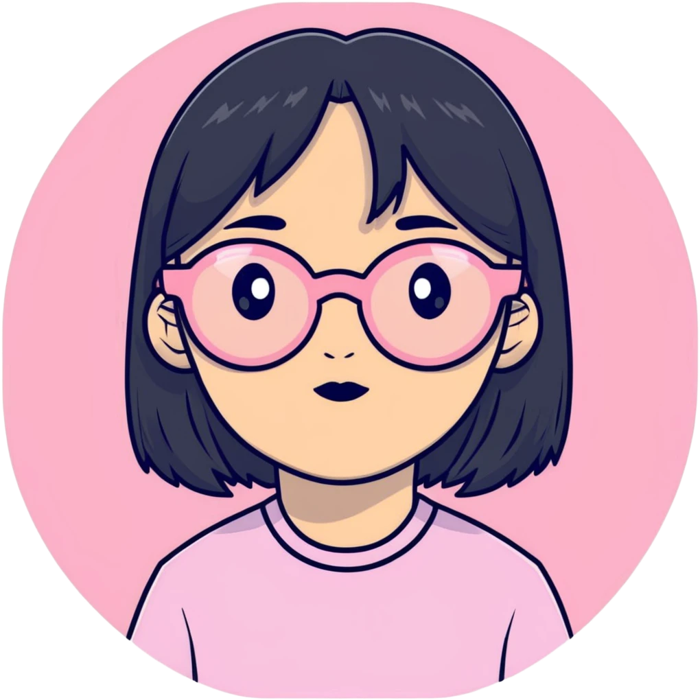 Asian ,girl, black straight hair long,pink round glasses emoji