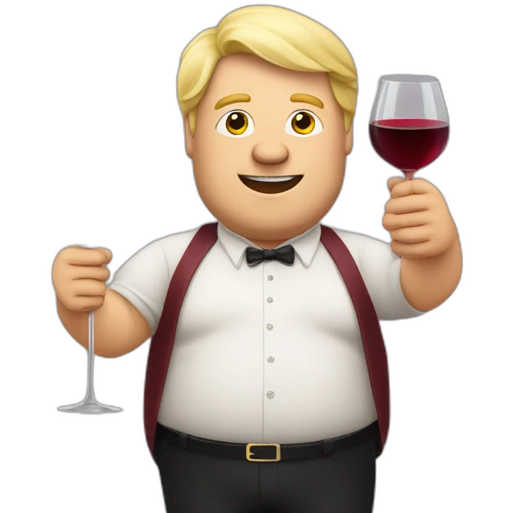 Fat blond man with a glass of red wine in his hand dan un like a drunk emoji