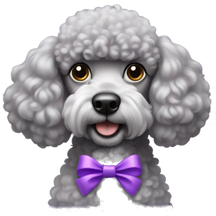 Grey poodle dog with two purple bows on top of head emoji