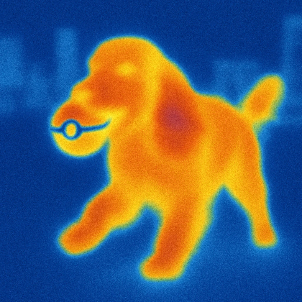 Russian Cocker Spaniel playing with a Poké Ball in its mouth with a city background emoji