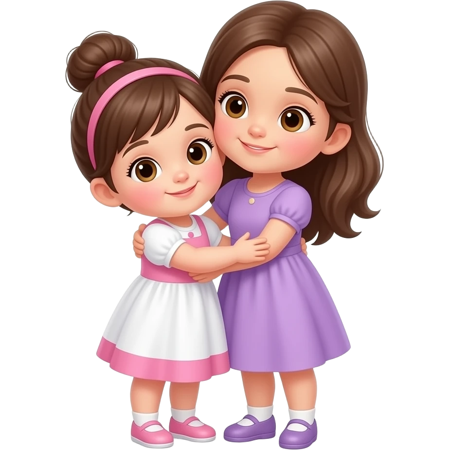 Niña de 1 año y 8 meses, de cuerpo completo, ojos cafés claros con cabello castaño, vestido rosa con blanco y cabello corto recogido en un chongo. Otra niña de 5 años con vestido lila, cabello castaño y ojos café claro, de cuerpo completo, ambas abrazadas. emoji
