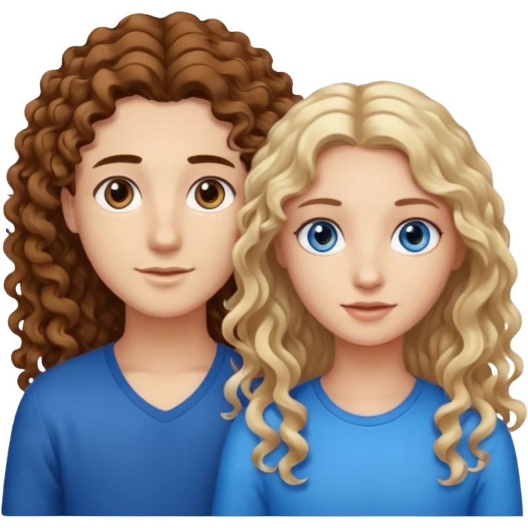 Friends, one has brown eyes, long curly brown hair, the other one has straight blond hair and blue eyes emoji