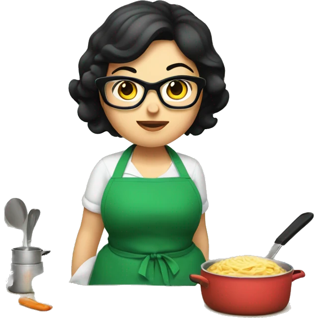 chubby lady with black hair green apron  with glasses cooking  emoji