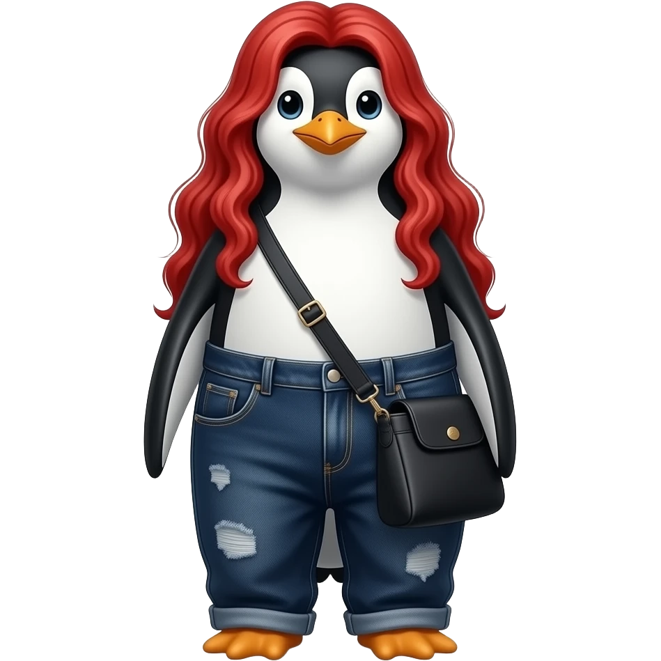 make a penguin with long red hair wearing dark washed baggy jeans and a black longchamp bag emoji