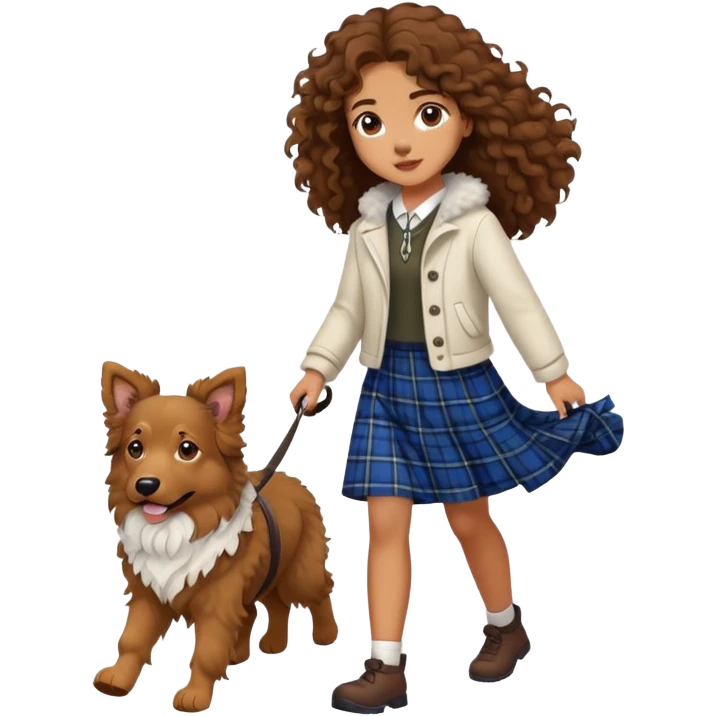 A girl with long curly hair walking a Scottish shepherd dog emoji