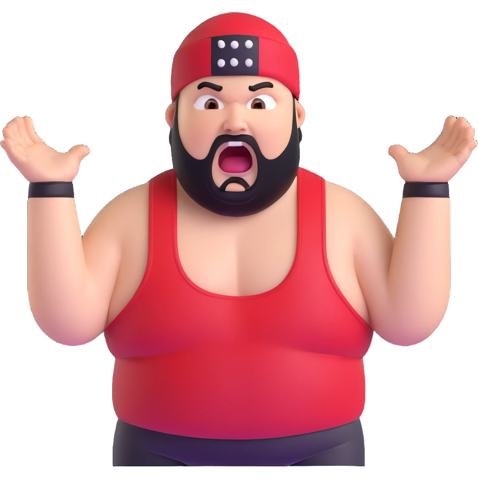 Extreme close-up of face of morbidly obese white skin guy with young face, prominent BLACK DURAG tied clearly on head, black beard but no mustache, clean shaven upper lip, black eyes in a red and black wrestling singlet with mouth wide open screaming angrily emoji