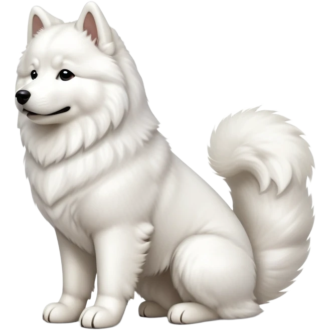 cinematic-[samoyed]-realistic-full-body-sitting-emoji,-tail-resting-loosely-beside-its-paws,-head-tilted-dramatically, -fluffy-[white]-fur,-simplified-yet-realistic-focused-features,-highly-detailed,-glowing-with-an-almost-sarcastic-glow emoji