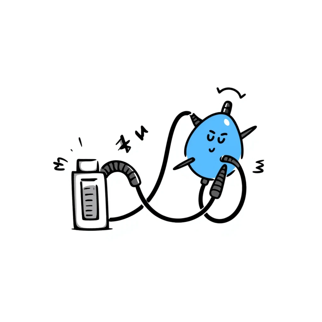 Hand-drawn blue breathing mask with tubes for measuring oxygen, standalone VO2 max testing equipment emoji