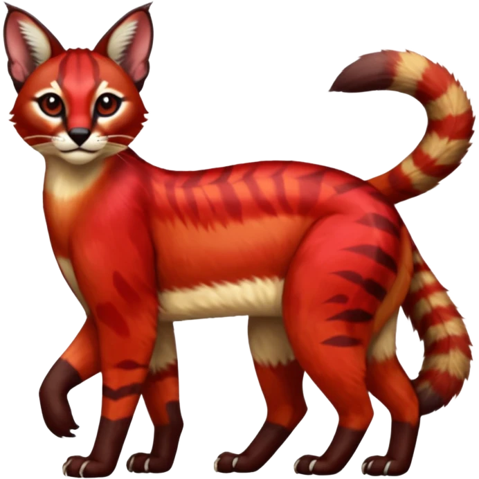 Vibrant-colored red-furred colorful painted marked patterned Asian glorious divine exotic cute cool beautiful shiny beautiful fantasy-caracal-civet-genet-sergal-vernid-Cacomistle-oncilla-animal-Fakémon-hybrid-fursona (full body) emoji