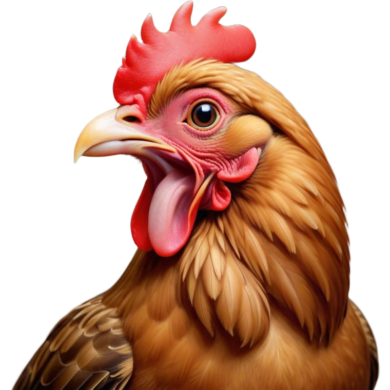 Cinematic Cute Yawning Brown Chicken Portrait Emoji, Head tilted slightly with a dramatic, wide-open yawn, showcasing a soft, fluffy brown plumage with a crisp red comb and gently drooping wings, round beady eyes barely open in drowsy contentment, Simplified yet irresistibly adorable features, highly detailed, glowing with a soft, cozy glow, high shine, relaxed yet expressive, stylized with a touch of whimsical charm, bright and endearing, soft glowing outline, capturing the essence of a sleepy yet affectionate chicken, so drowsy it feels like it could stretch out of the screen and curl up for a nap! emoji
