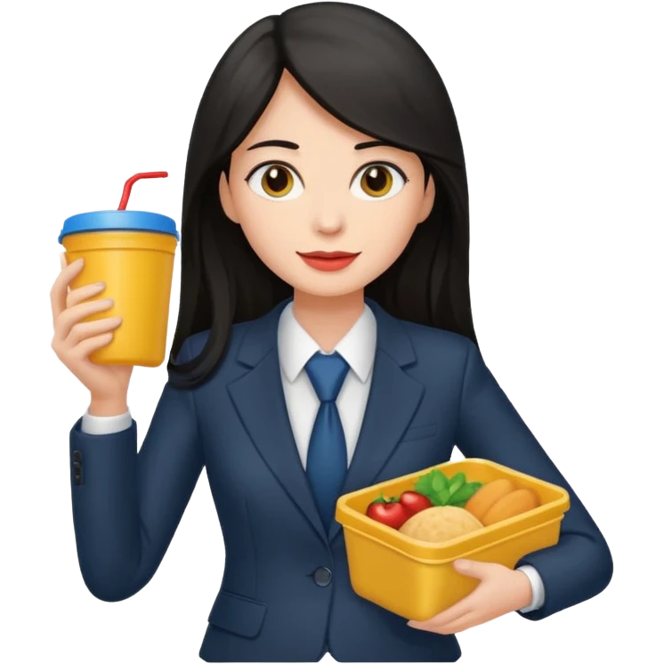 long dark haired woman with suit holding food container emoji