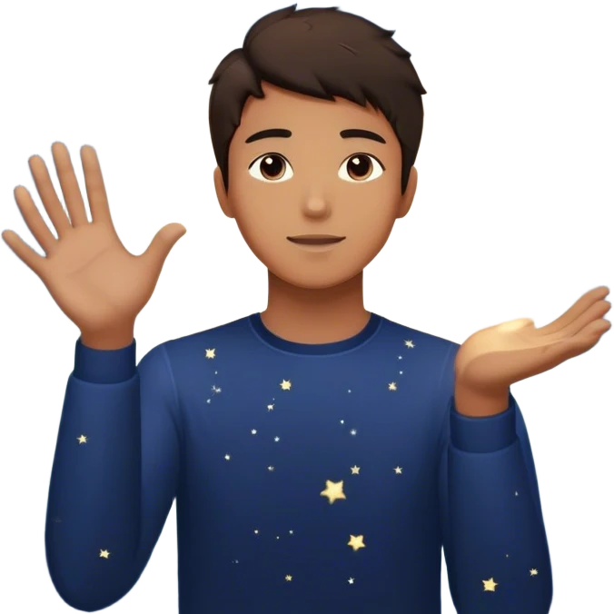 A young man stands in a vast, starry universe, surrounded by floating particles of light. Each particle represents a choice, a moment, a memory—his personal universe. He reaches out, touching one, knowing that everything he does stays in this space forever. universe around him emoji