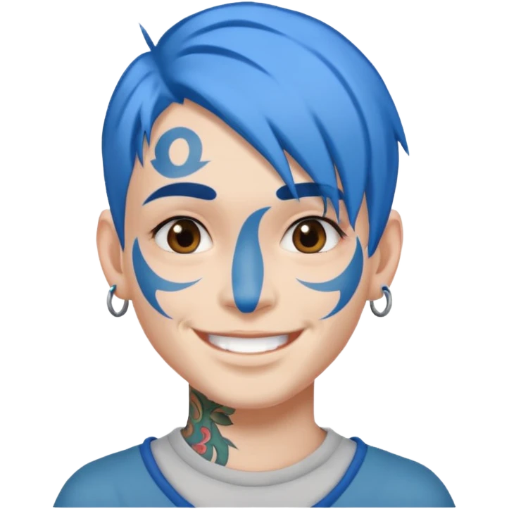 person with blue hair and a face tattoo, smiling emoji