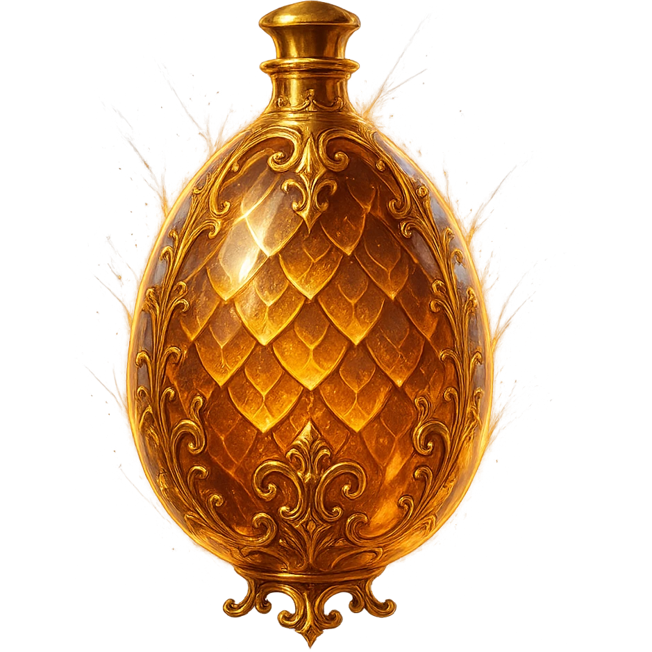 premium crystal elixir bottle in an oval shape with dragon egg motif, magical scale pattern, lots of glowing, edges, ornaments, golden details, magical effects, very small golden neck, transparent background, beautiful merging bottom, clearly floating in the air, no base or shadow, very luxurious, magical, fitting a collection emoji