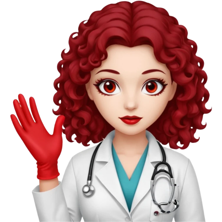 Lilith scalpel in hand, evil surgeon outfit.  She has red eyes. She has dark brown long curly hair. Wears sexy doctor outfit with red gloves emoji