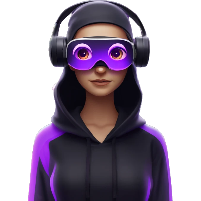 Russian girl wearing black hoody with violet letters "OMG", in vr headset oculus quest2. Standing like jedi. Cyberpunk style. Violet neon. emoji