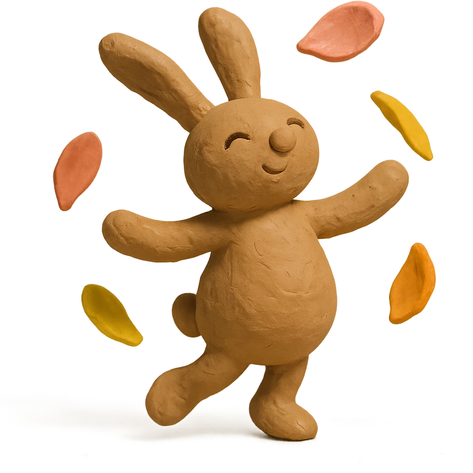 pale brown bunny spinning with flower petals around, claymation style emoji