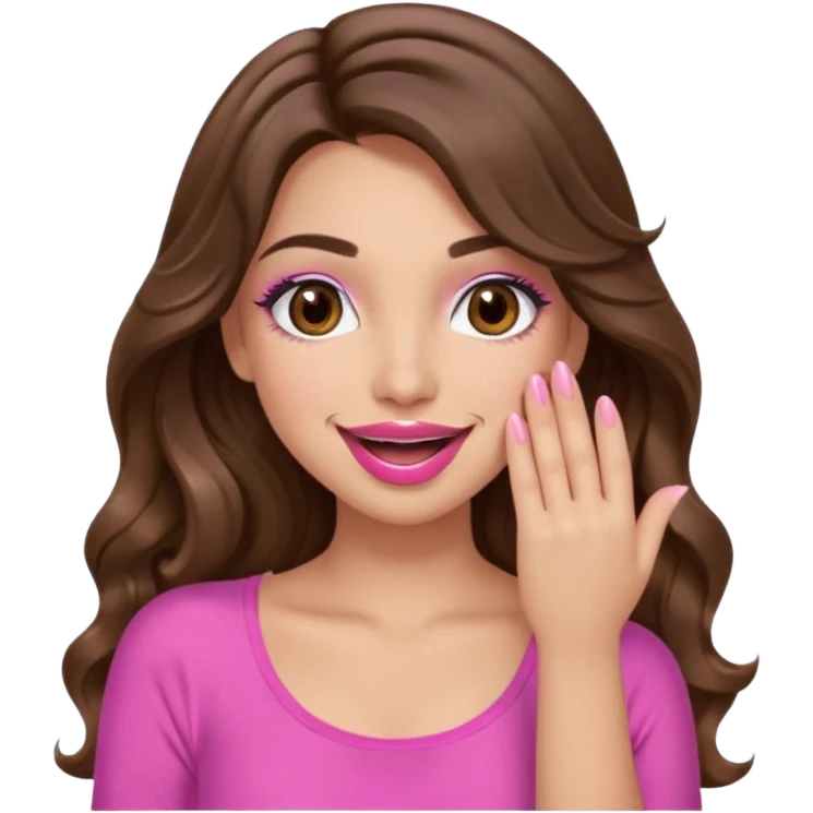 girl with long wavy brown hair, brown eyes, long lashes makeup, pink lips, light to medium complexion, pink sexy top, smiling, hand covering the mouth, emoji