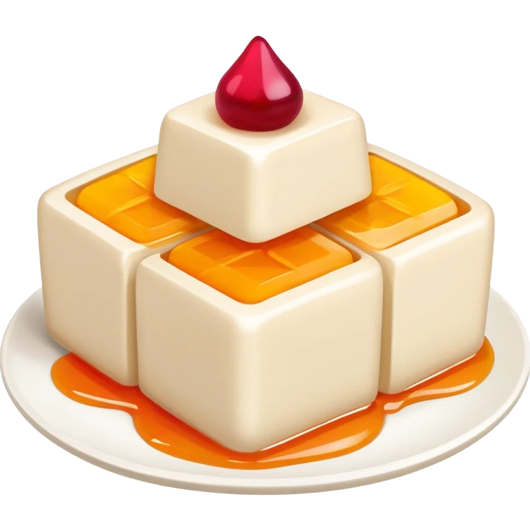 Almond tofu dessert with fruit topping, simplified emoji style with bold outlines and bright colors, cartoon style Xing Ren Doufu jelly emoji