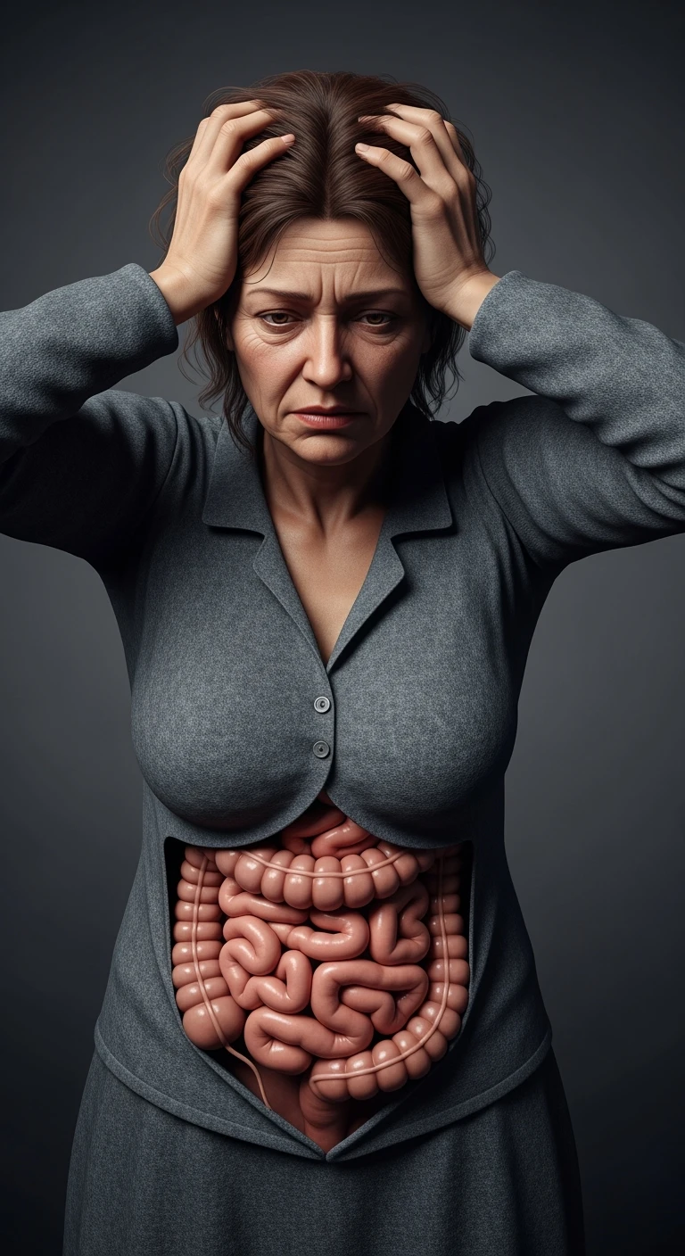 DONNA stanca con intestino realistico in evidenza che si tiene le mani sulla testa, iperrealistici 4k, non disegnati emoji