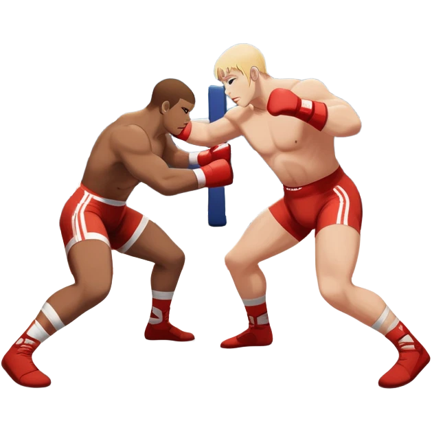 An icon depicting two wrestlers in a grappling stance on the mat, engaged in a fierce combat. One fighter attempts a takedown, while the other resists. The background shows a wrestling arena with bright lights and spectators around the edge of the ring. Transparent background  emoji