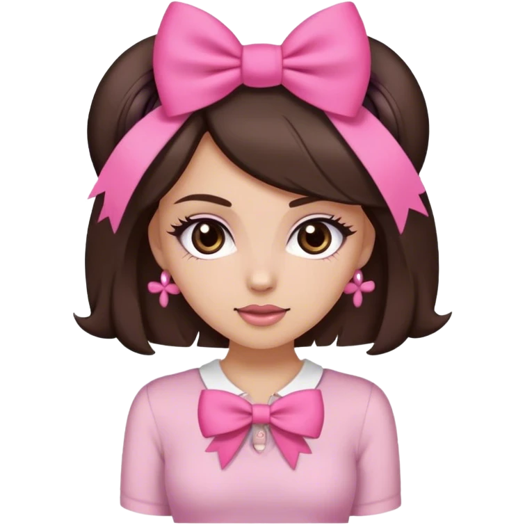 create a white girl but not too white medium tone with dark brown hair and dark brown eyes with flirty clothes and a bow in her hair the bow is pink but not too big  emoji