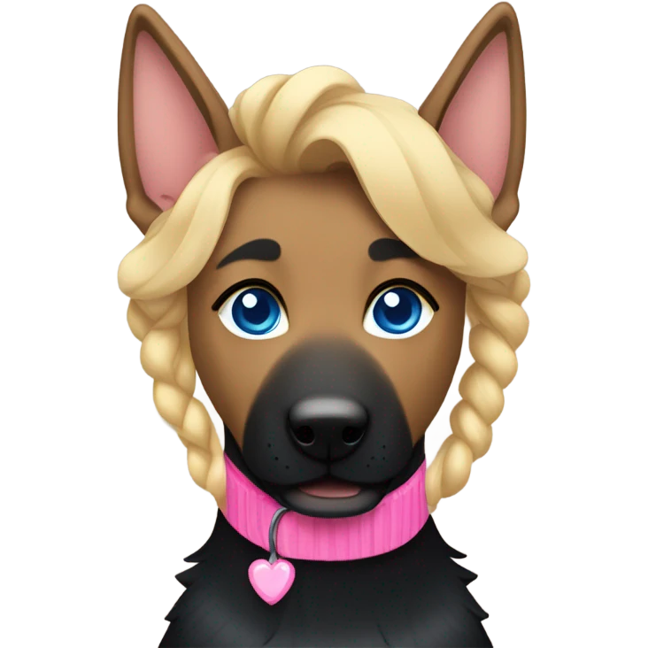 black german shepherd wearing a pink collar with her owner who has blue eyes and sandy blonde hair in a single braid emoji