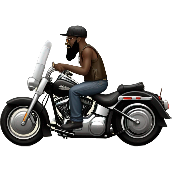 Black heritage softail with front jammer and leather saddle bags and lots of chrome and ape hangers and a long bearded guy with ball cap riding it on a country road emoji