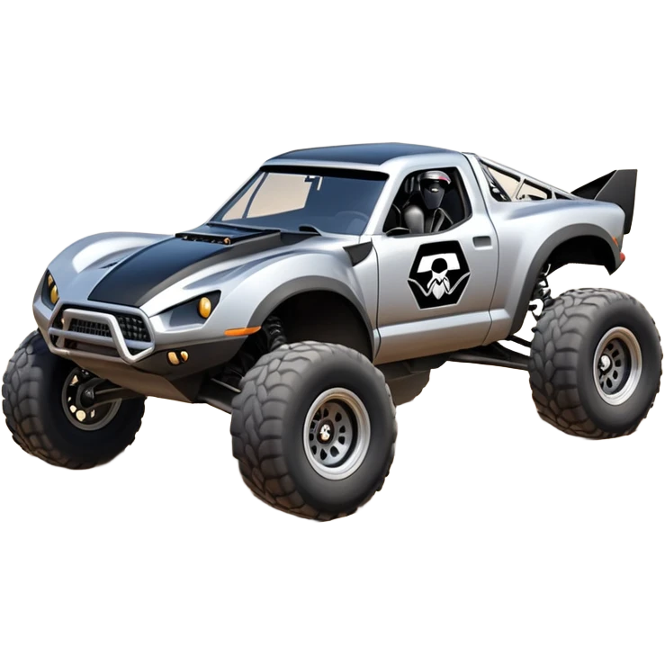 Satan’s and Vader (post race) Chardonnay Dirty and dented Local Motors Rally Fighter off road race car hot rod trophy truck-style basher flying on a dusty road (silver wheels) emoji