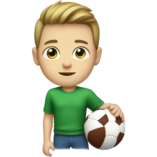 white boy with blue eyes, wearing a green and yellow shirt holding a football. from the chest up emoji