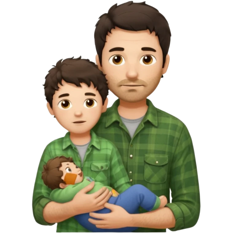 A father with messy medium-length dark hair and light stubble, wearing a green flannel shirt. He holds his one child who has short curly brown hair and a cream-colored romper. Cozy warm lighting, authentic family moment. emoji