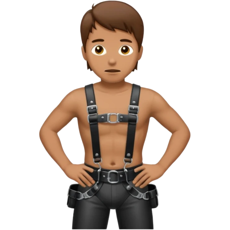 A man with brown hair standing in a black leather harness pissing emoji