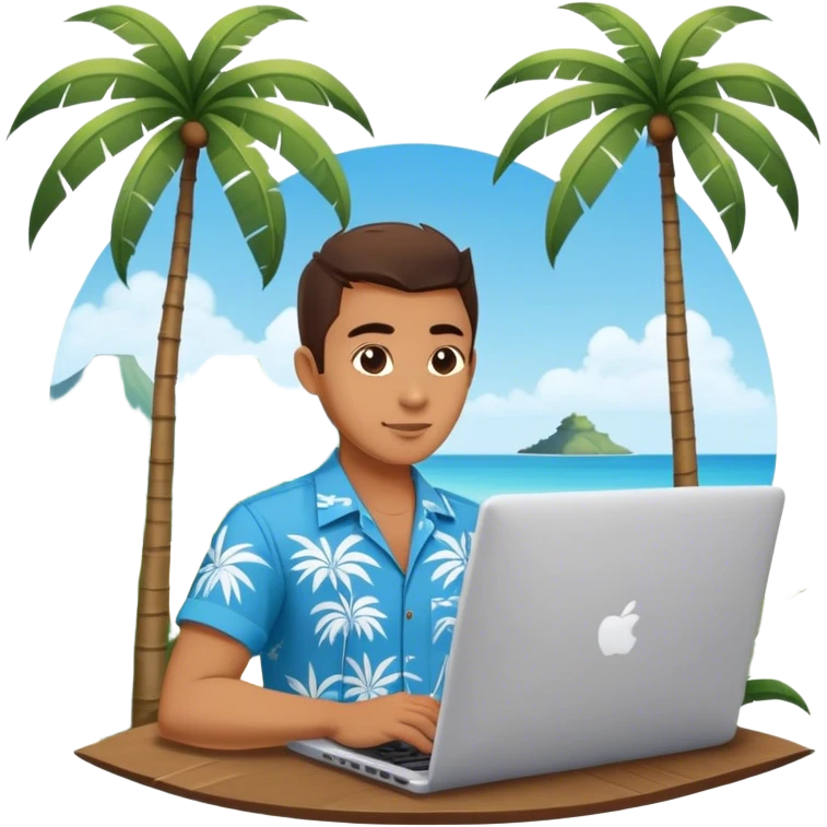 A digital nomad in bali working on a laptop wearing a tropical blue shirt with a palm tree on the side emoji