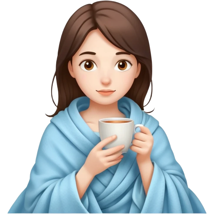 girl drinking tea wrapped in a light blue blanket emoji