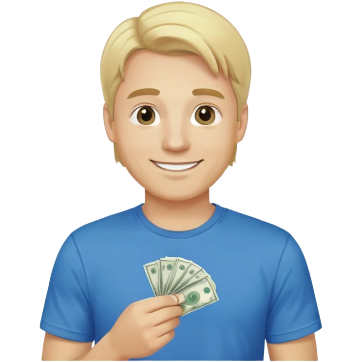 Man with blonde hair and blue t shirt in love with money  emoji