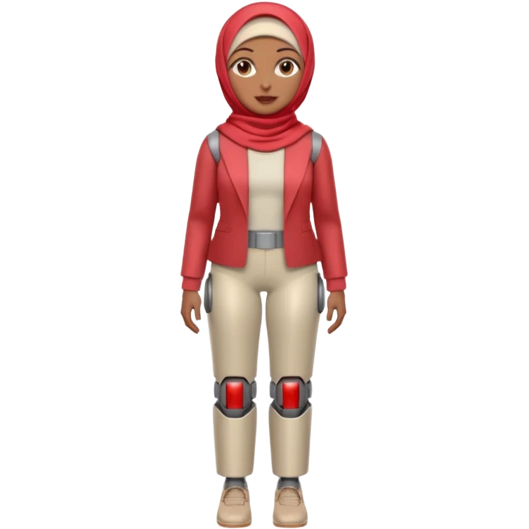 Heavy-set woman with medium-brown skin wearing a light red hijab, cream top, light red pants, tan shoes, and a grey robot leg. Standing confidently with one hand on her hip emoji