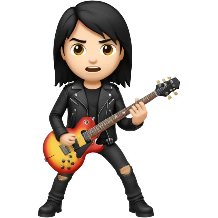 3D Apple-style emoji of a metal musician. Long hair, black leather jacket, ripped jeans, holding an electric guitar. Intense expression, glossy, rounded, smooth, soft shadows, white background.










 emoji