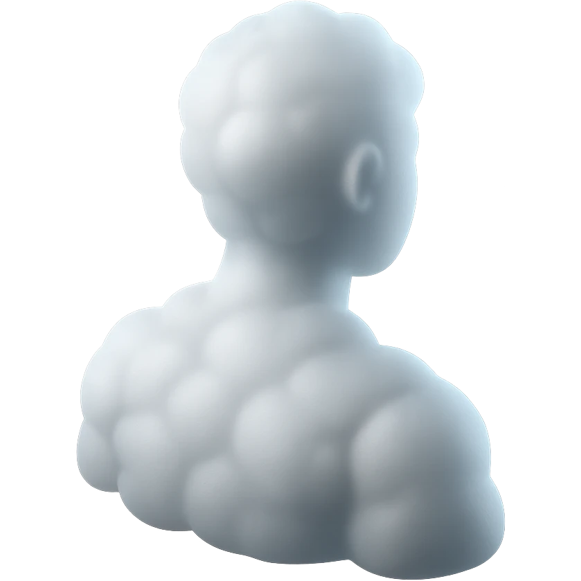 person made entirely of white fluffy convex clouds, shoulder view, looking straight, matte glass style emoji
