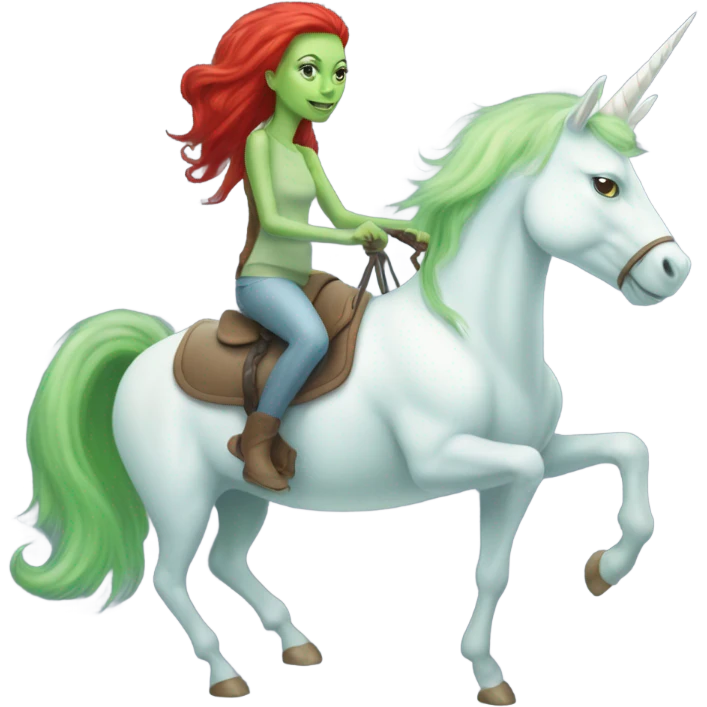 [politically incorrect
	{ woman: alien, color: light green, hair:red, eyes:cat} ]
	on a 
	[{ unicorn: white, legged:four, mane: light blue }] emoji