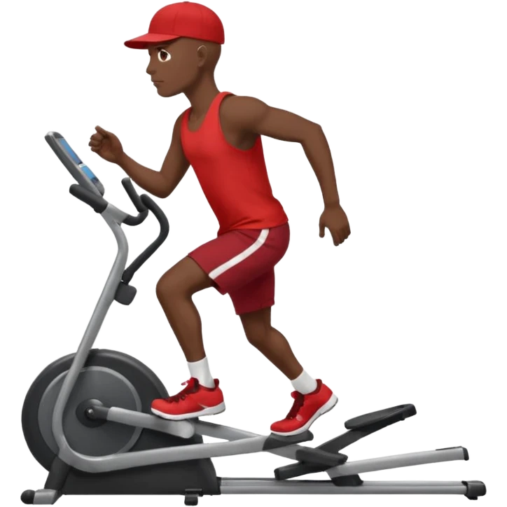 dark skin bald African American man on elliptical machine with red tank shirt and black shorts and backwards facing baseball hatcap emoji