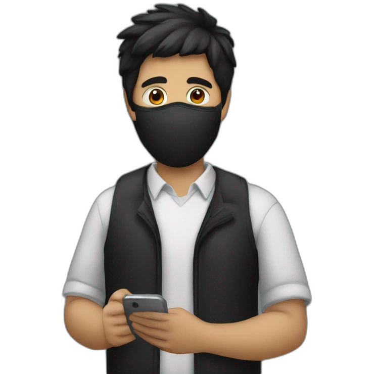 a guy with black hair wearing a mask using his phone emoji