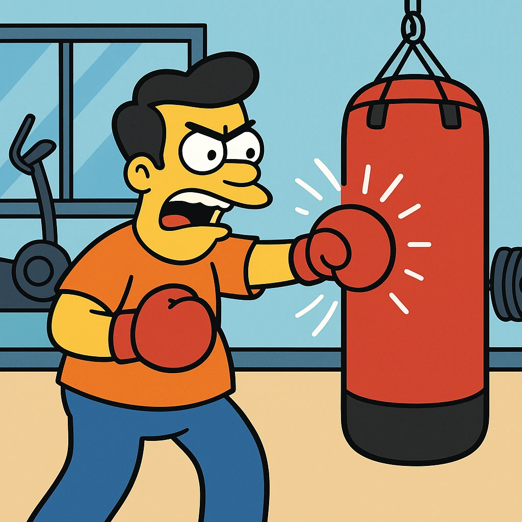Hit a punching bag – to punch a padded bag for exercise or stress relief.
He went to the gym to hit a punching bag and blow off steam. Background Gym
 emoji