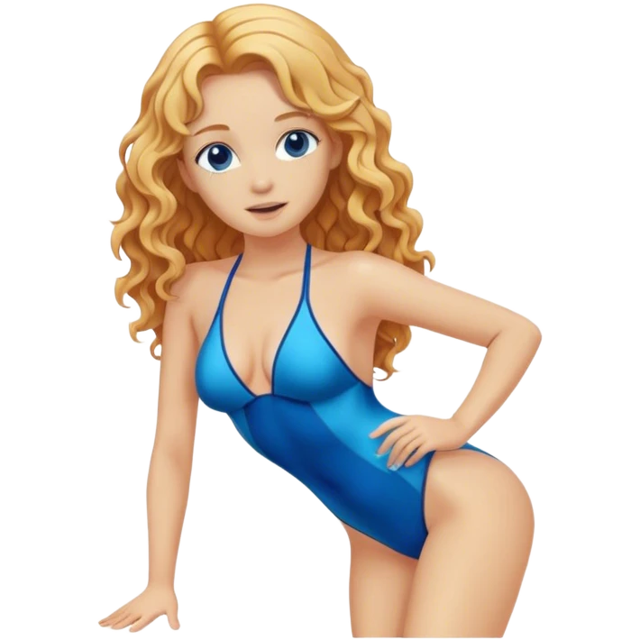 hot woman in blue swimming suit blond skin copper long semi  curly  hair full body  emoji