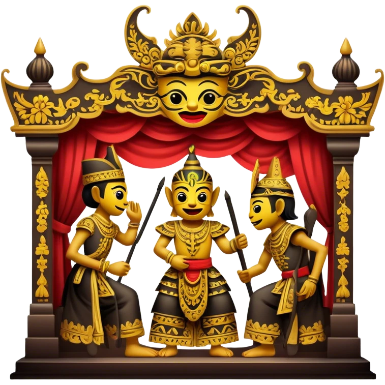 Cinematic Realistic Wayang Kulit Pop Culture Emoji, featuring a vibrant shadow-puppet theatre scene rendered with dynamic textures and artistic, traditional lighting. emoji