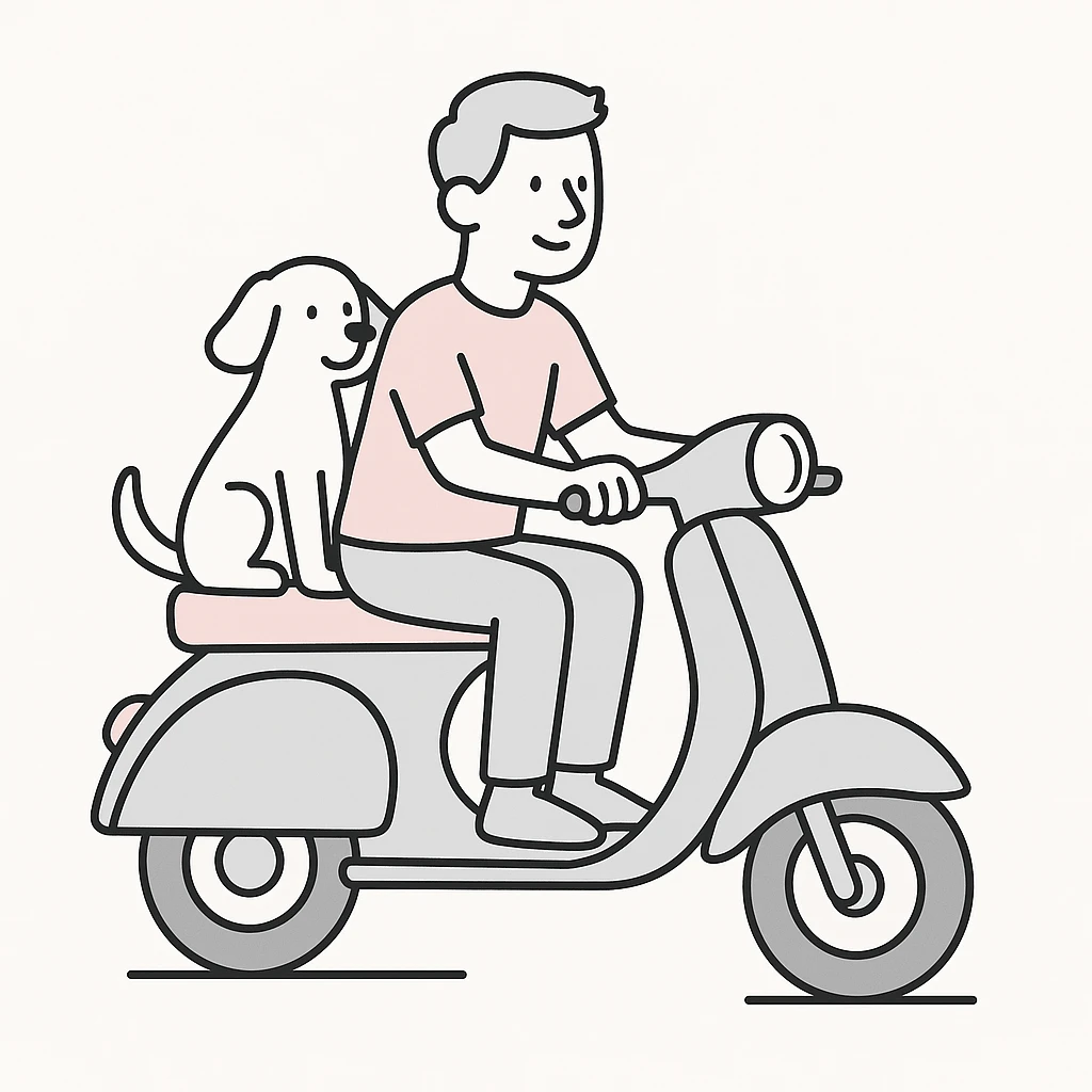 man and his pet dog riding a vespa emoji